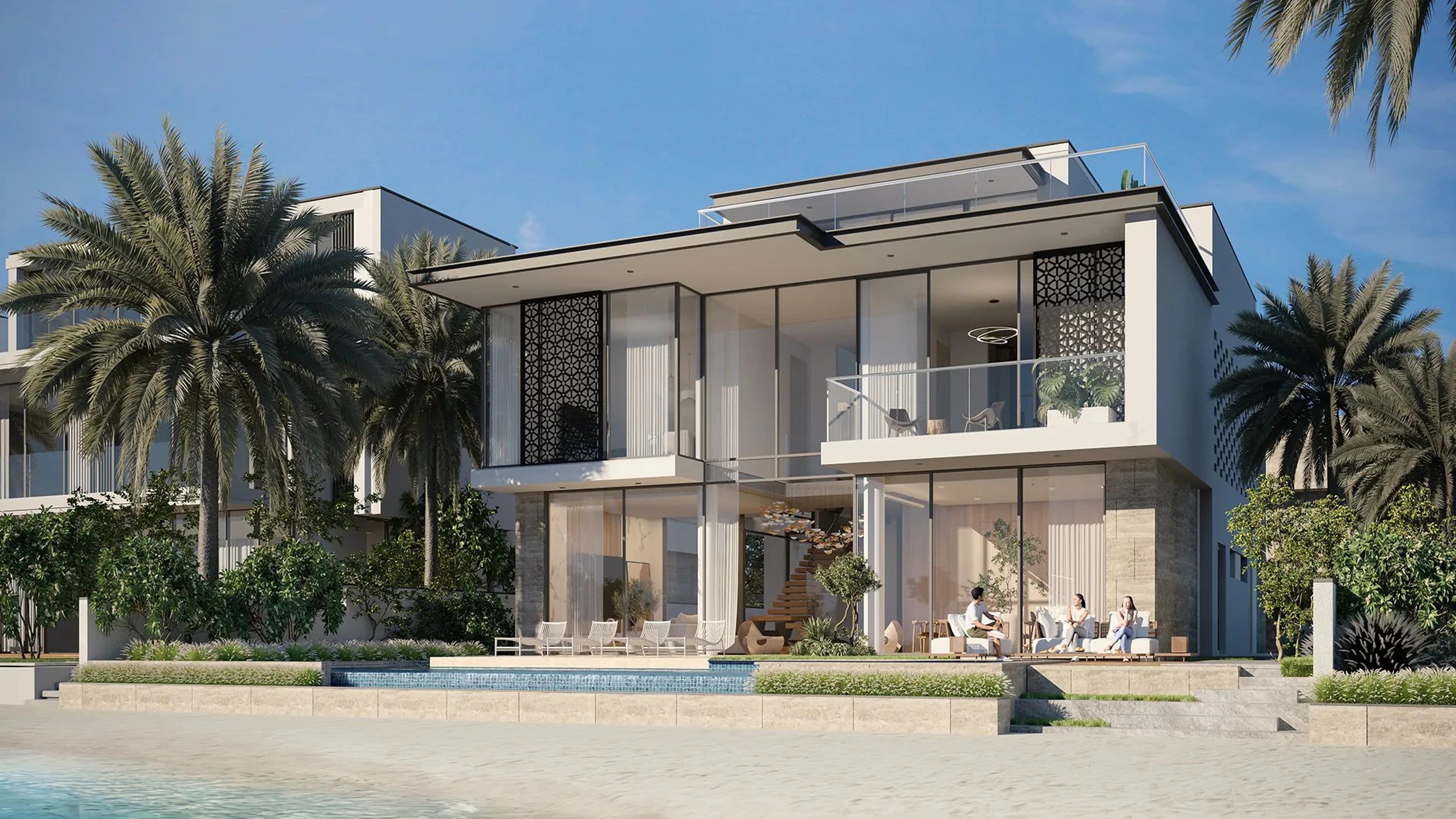 Official rendering of a contemporary Coral villa framed by palms at Palm Jebel Ali.