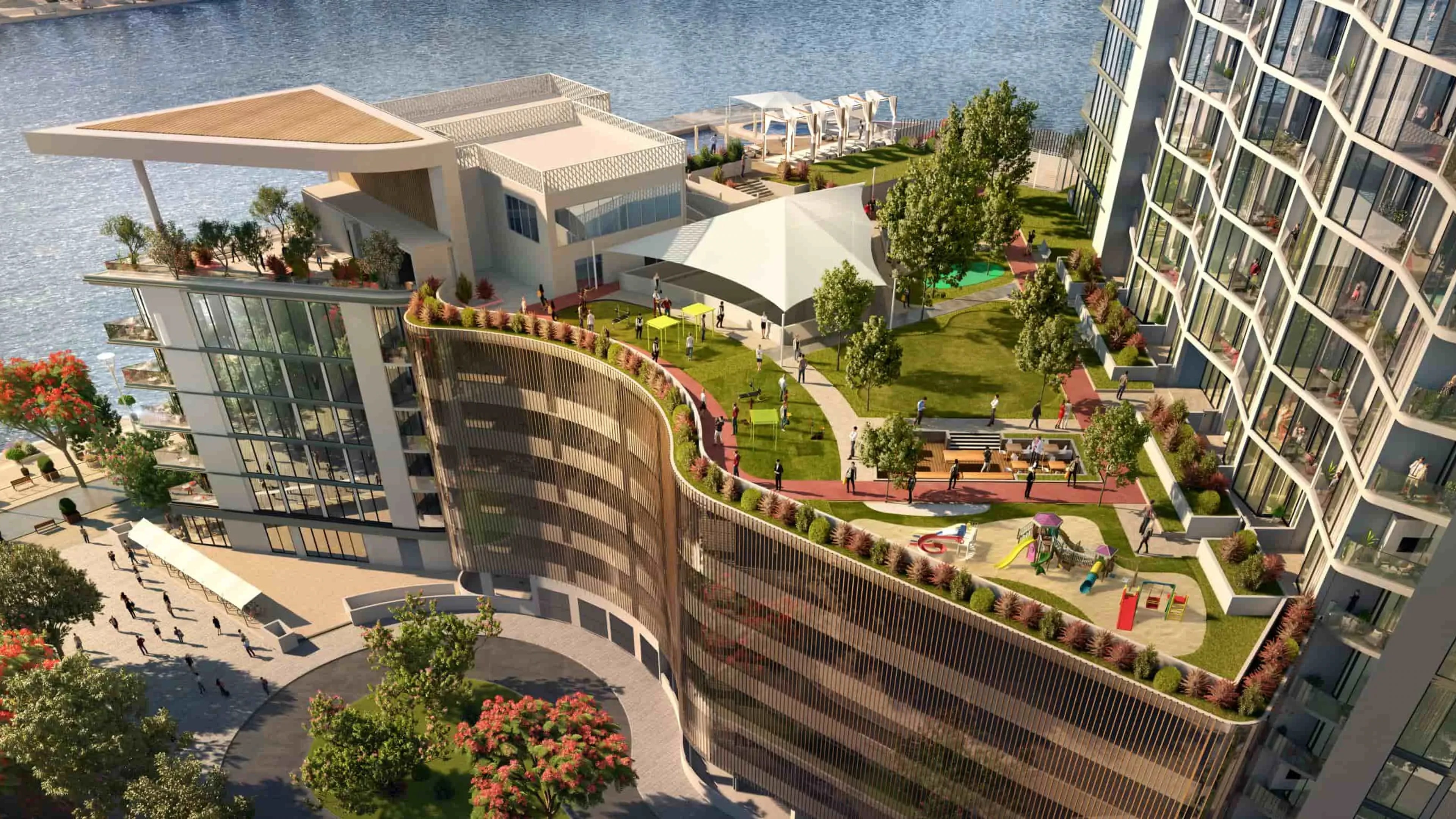 Official rendering of landscaped communal terraces between residential buildings at Sobha Hartland.