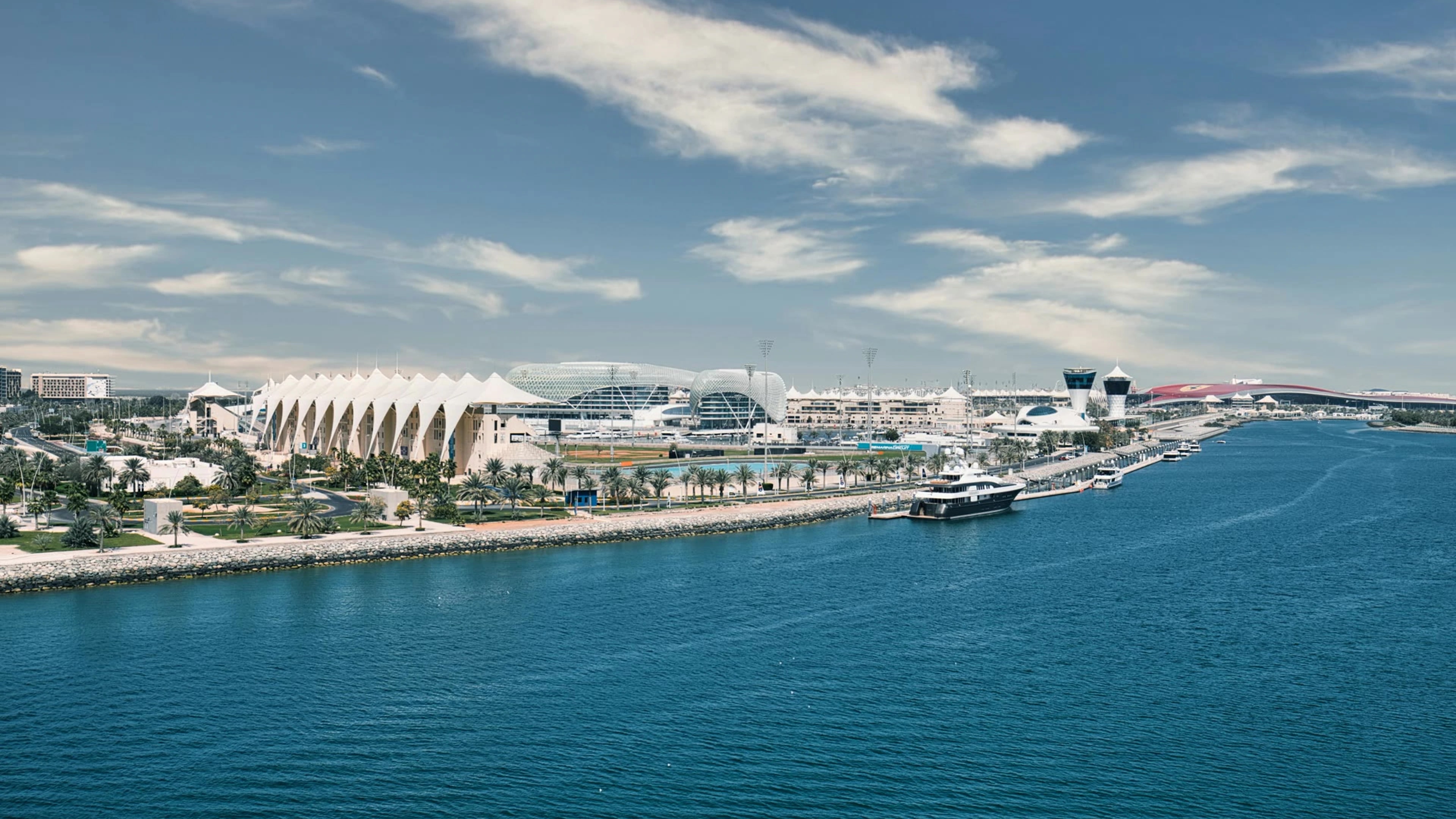 Yas Marina Circuit buildings and waterfront on Yas Island, Abu Dhabi.