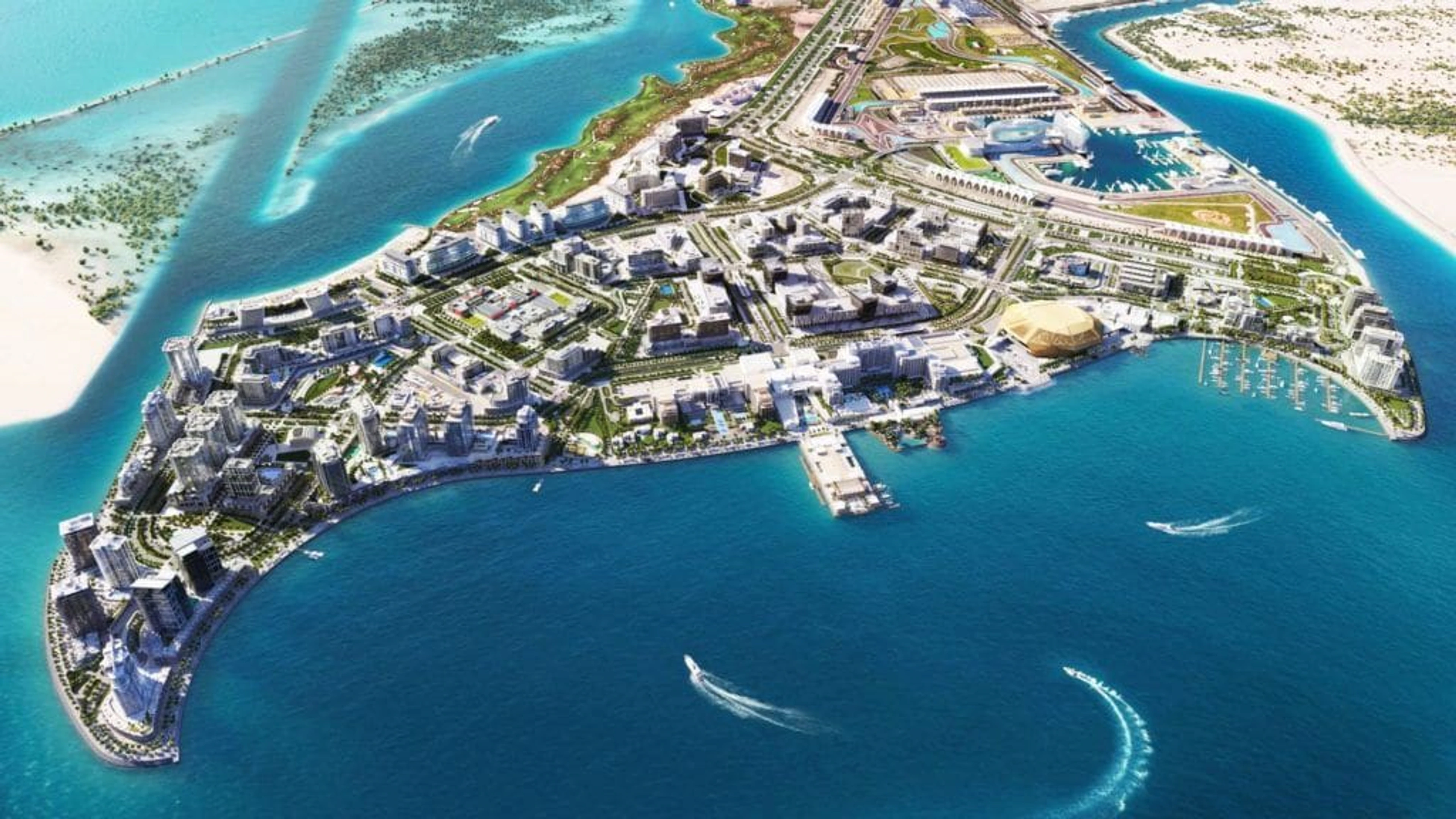 Aerial masterplan rendering of an Aldar waterfront community in Abu Dhabi.
