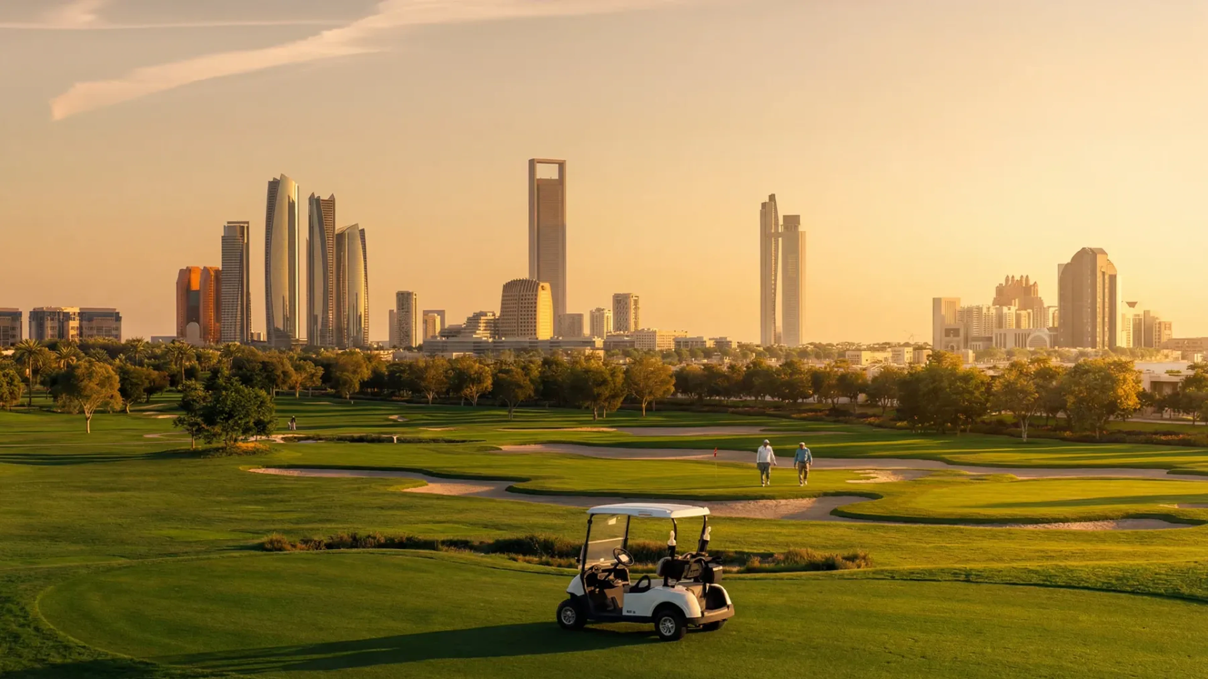 Abu Dhabi golf course at sunset with the city skyline beyond.