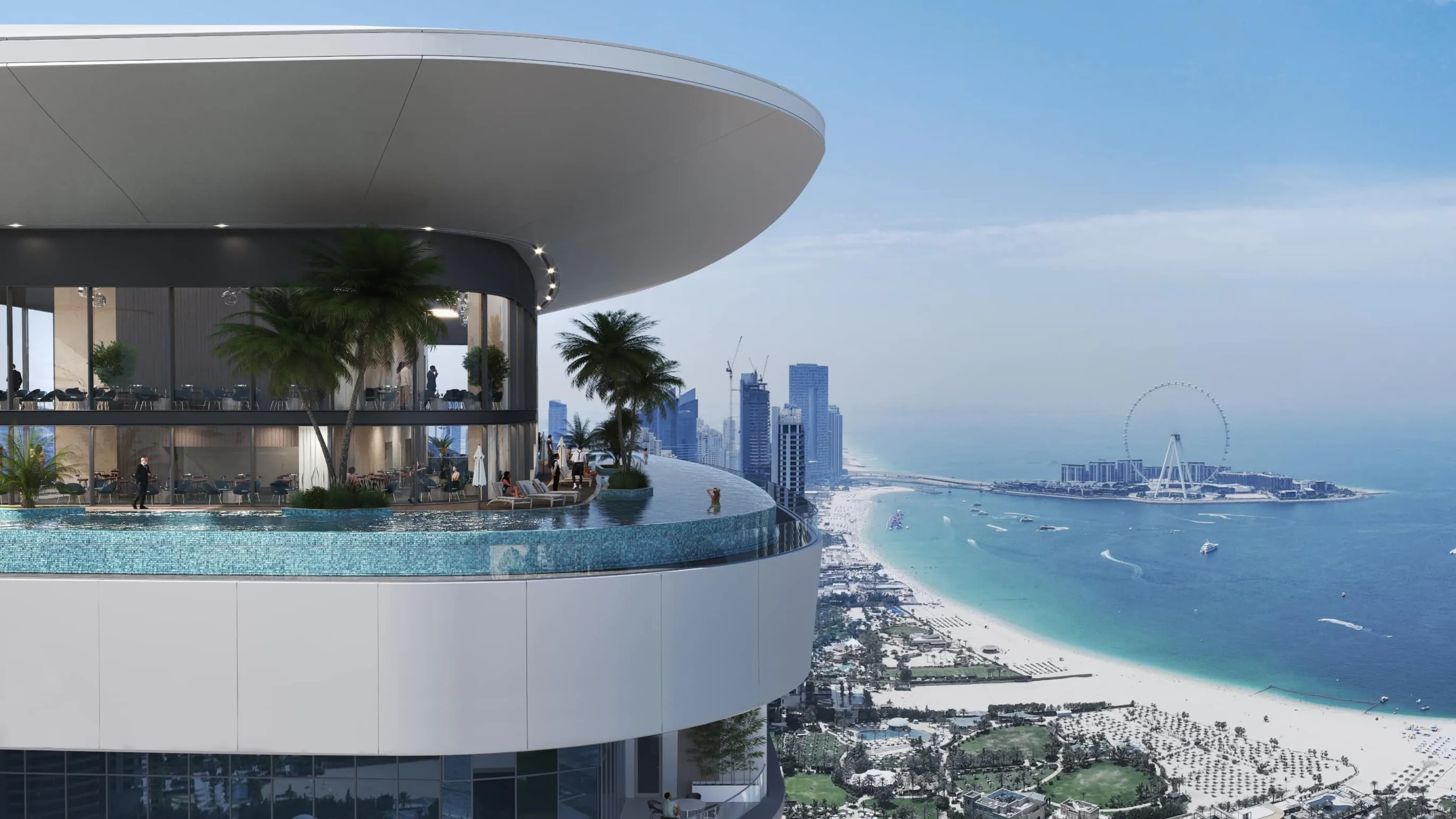 Official Sobha waterfront tower rendering with an infinity pool and Ain Dubai beyond.