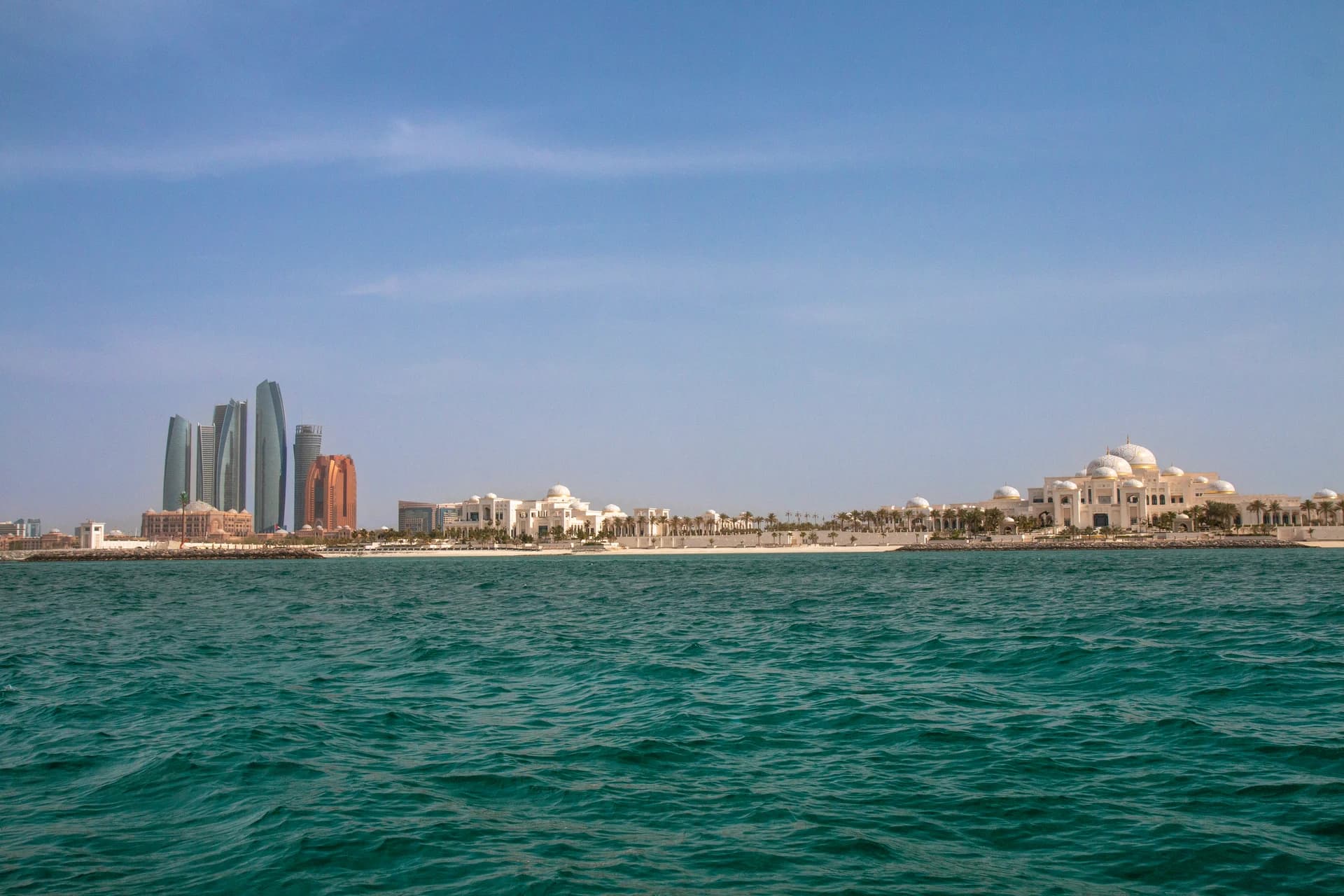 Abu Dhabi waterfront and skyline seen from the sea in 2019