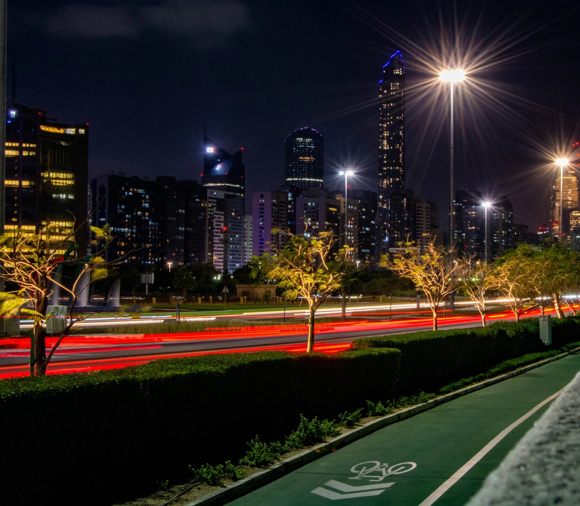 Abu Dhabi Corniche traffic and cycle path at night in December 2023