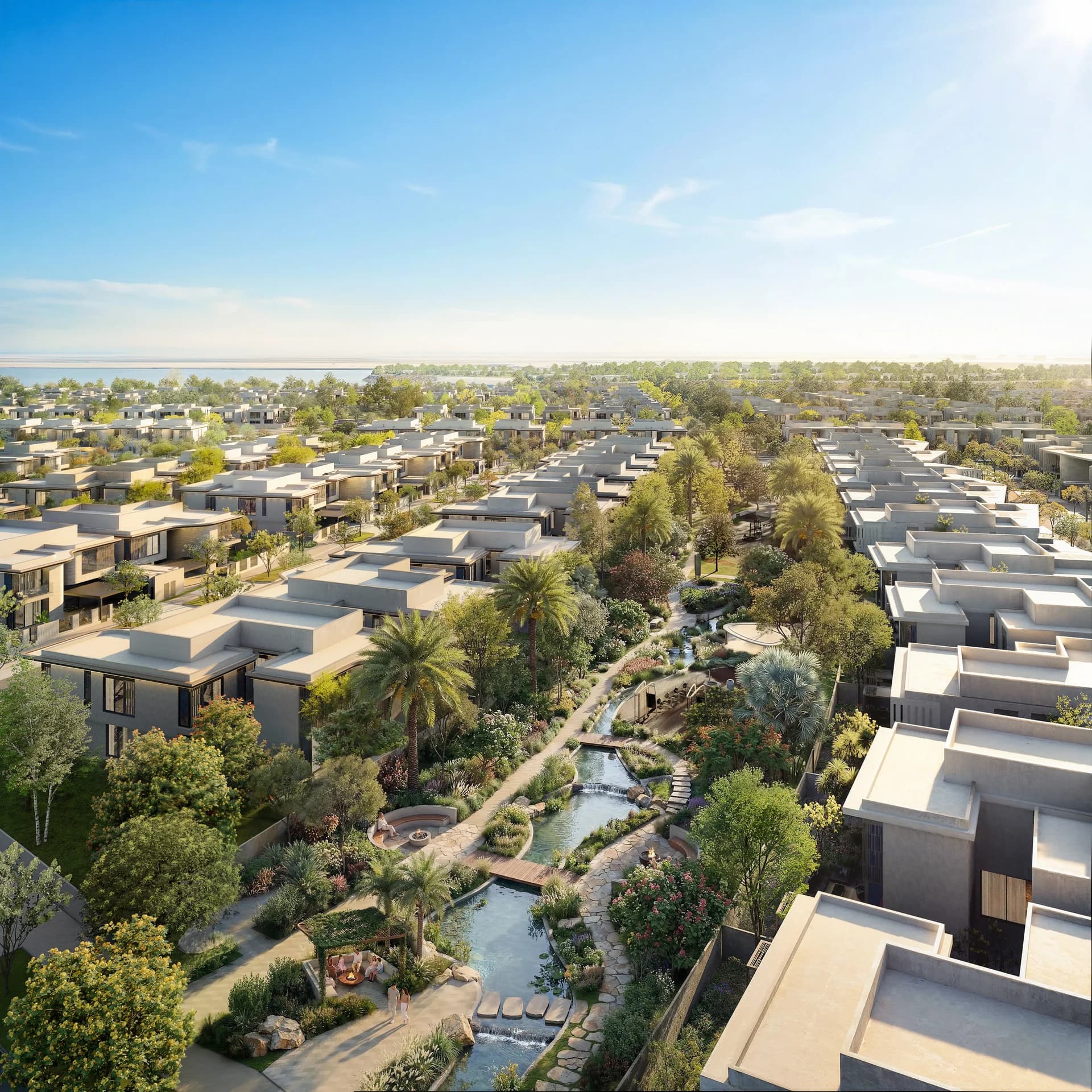 Aldar visualisation of Talay villas arranged around landscaped waterways on Saadiyat Island