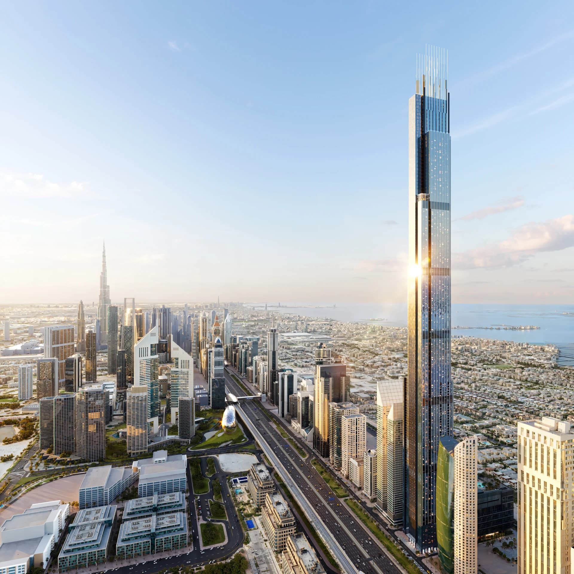 Architectural visualisation of Burj Azizi above Sheikh Zayed Road