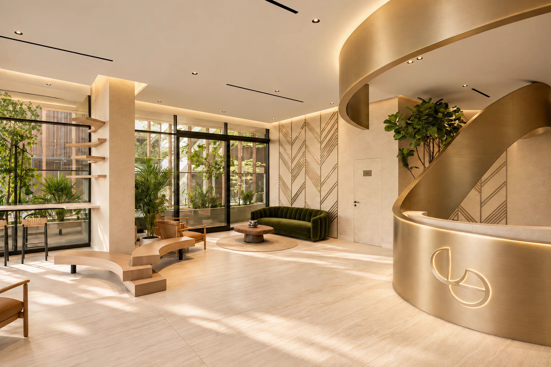 Elemental 78 developer-supplied lobby image with planted glazing and a curved reception desk