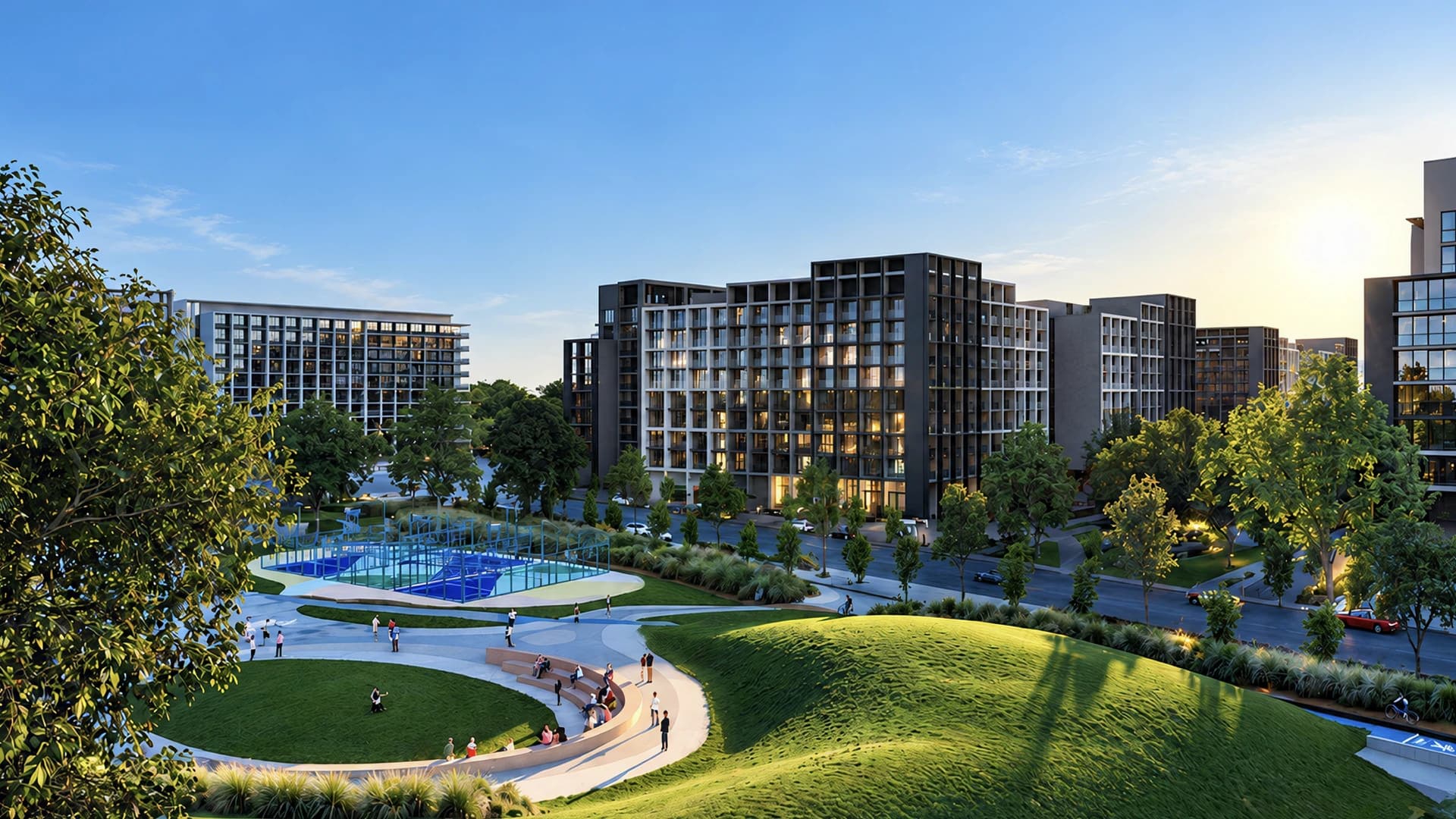 Developer visualisation of residential buildings and landscaped public space at Aljada in Sharjah